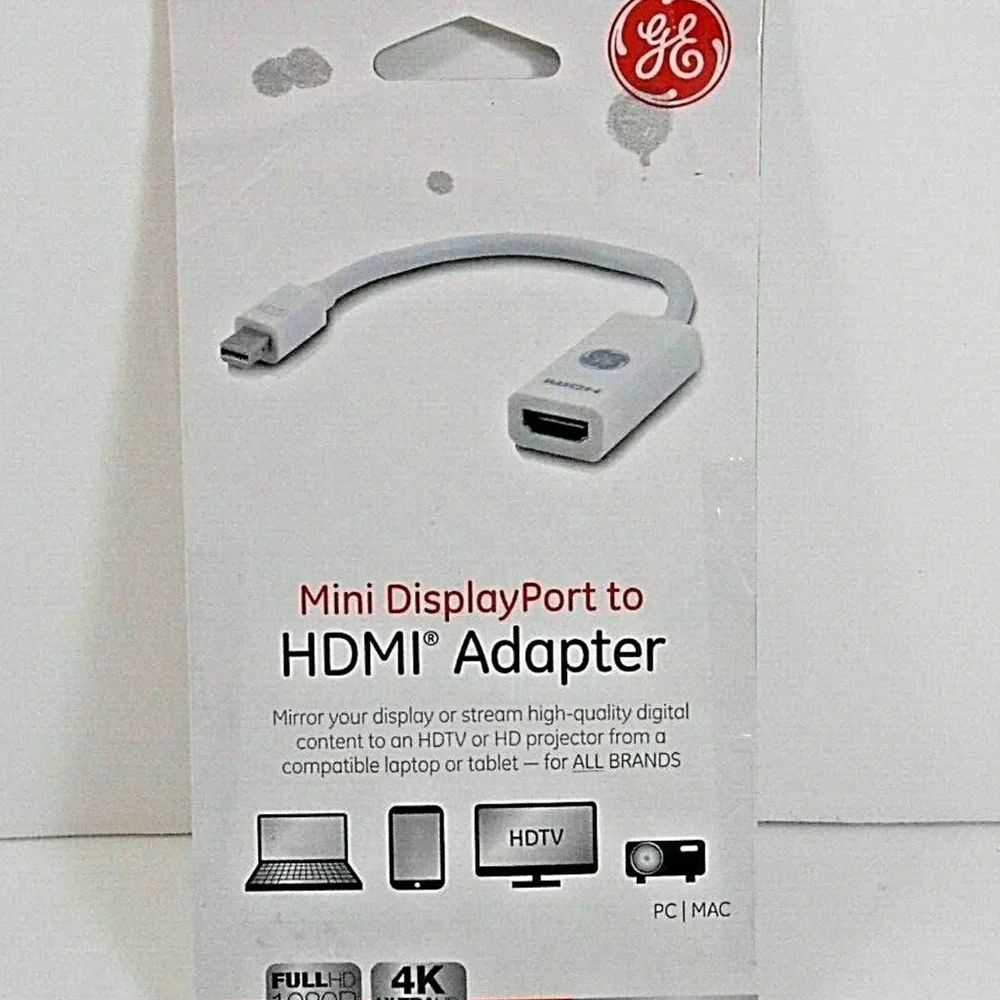 GE Mini Display Port To HDMI Adapter White HDTV to PC MAC Full HD 1080P 4K 33589